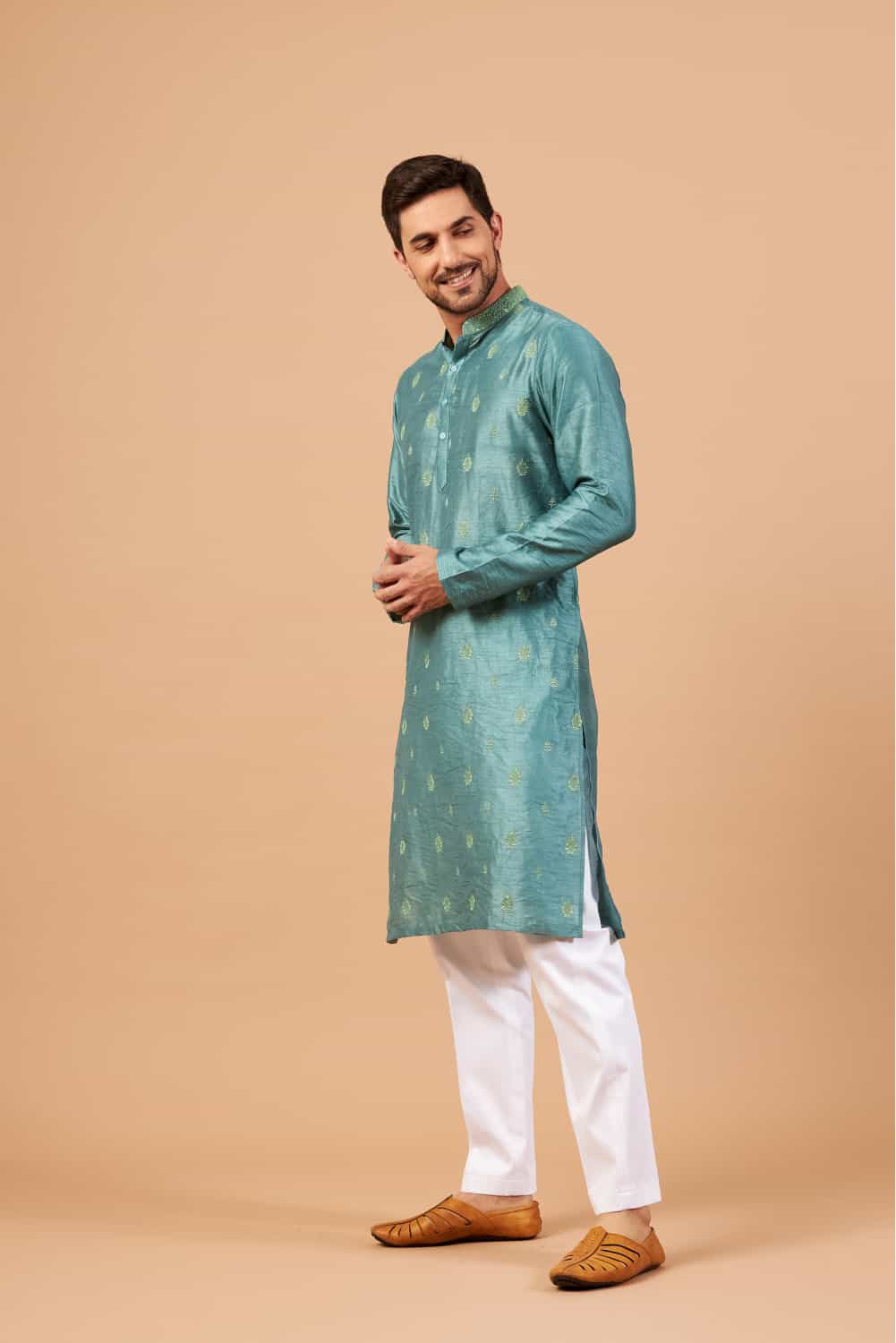 Greafy Two Motif Embroidered Green Kurta