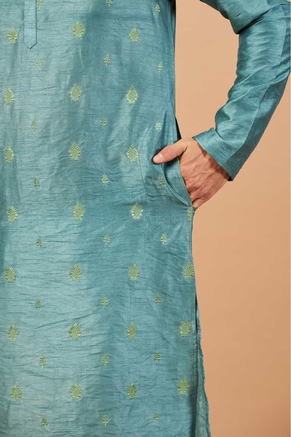 Greafy Two Motif Embroidered Green Kurta