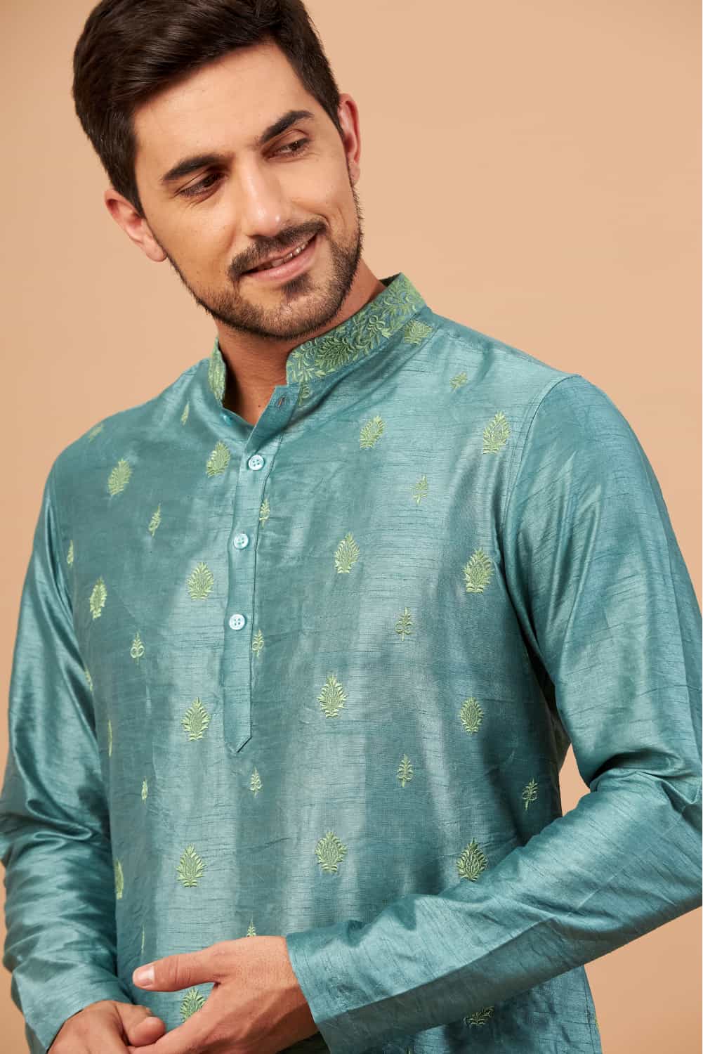 Greafy Two Motif Embroidered Green Kurta