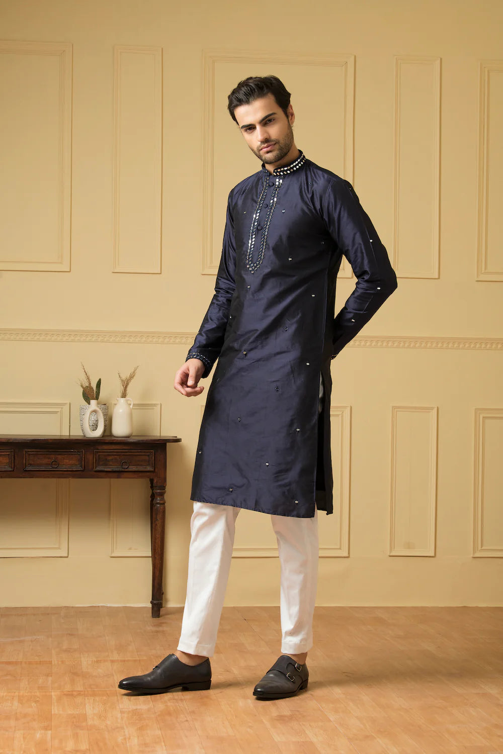 Exquisite Mid night blue silk mirror kurta