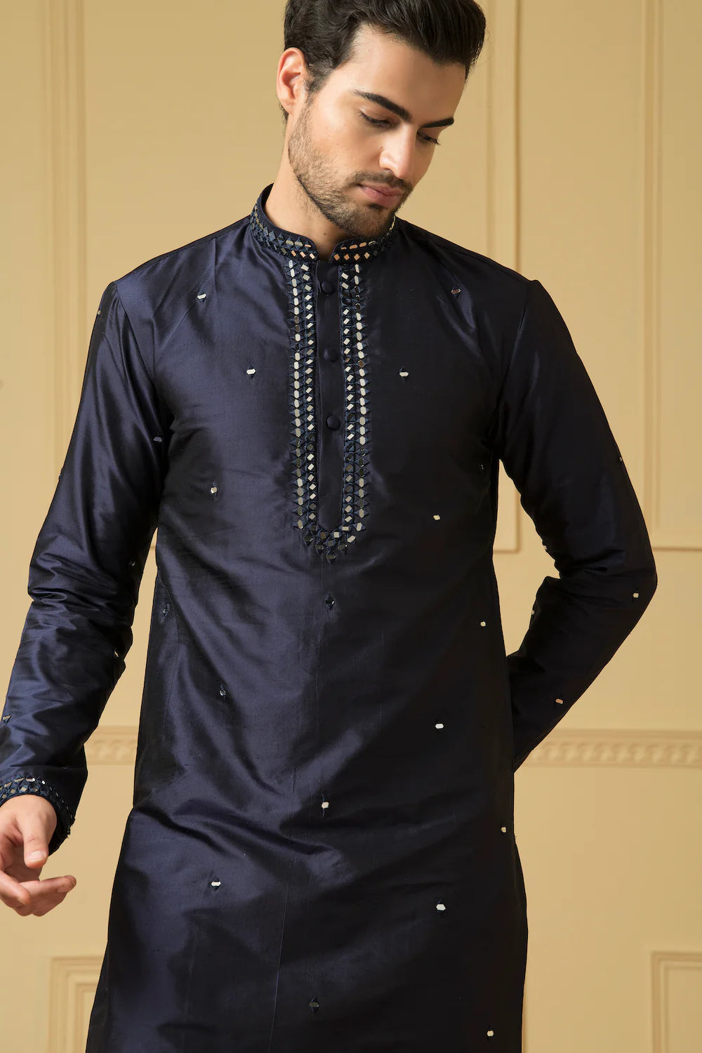 Exquisite Mid night blue silk mirror kurta