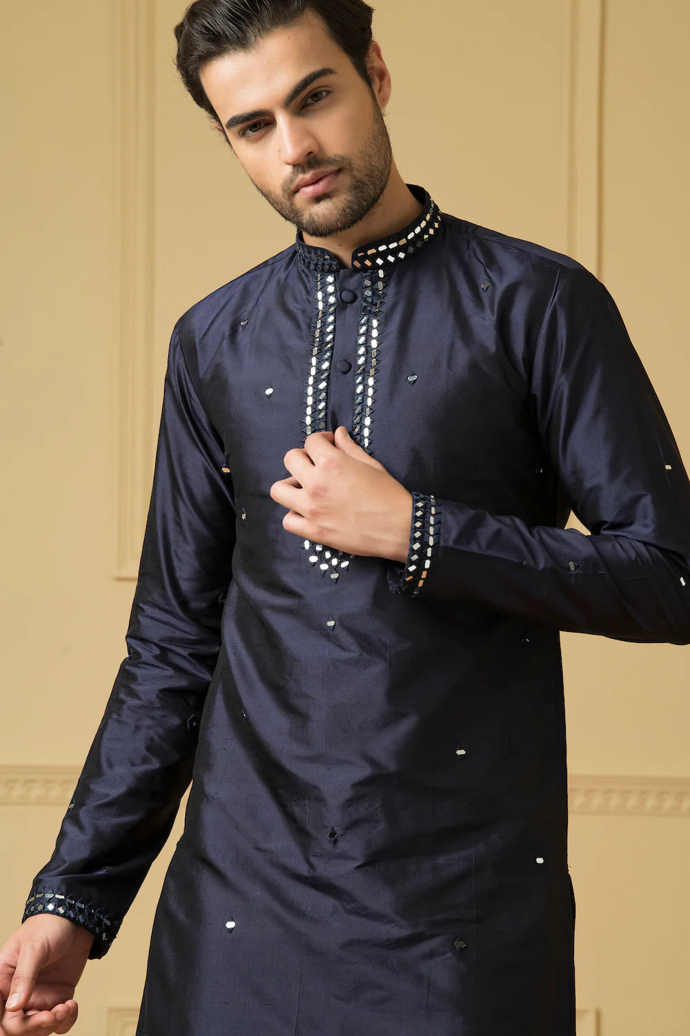 Exquisite Mid night blue silk mirror kurta