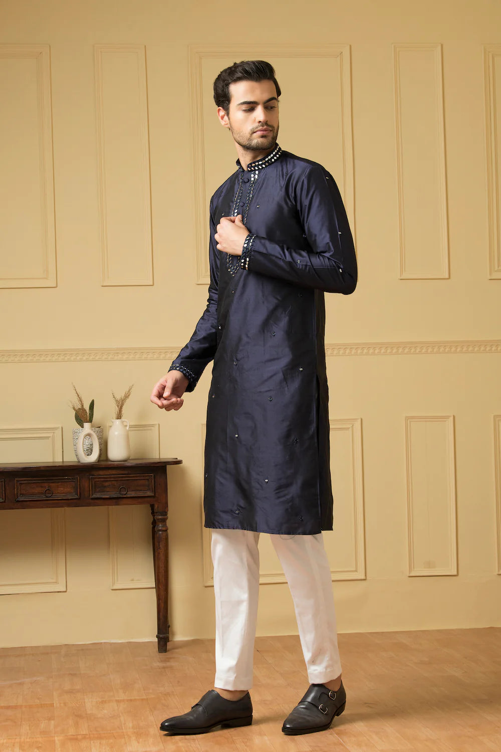 Exquisite Mid night blue silk mirror kurta