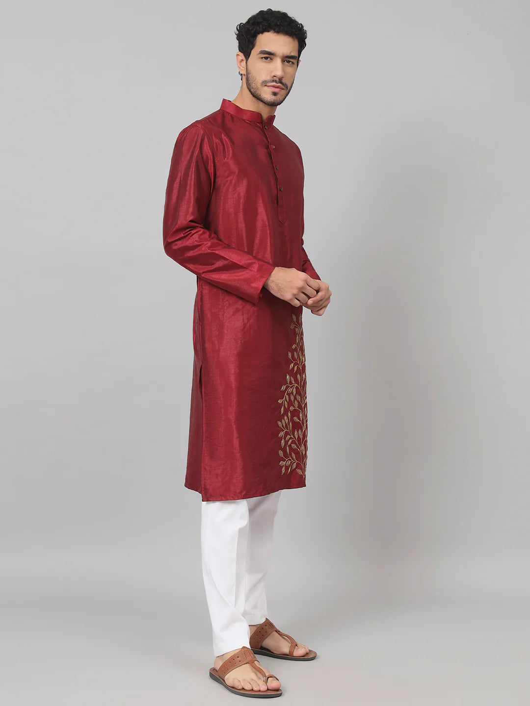 Marrom Classic silk kurta with Leaves embroidery