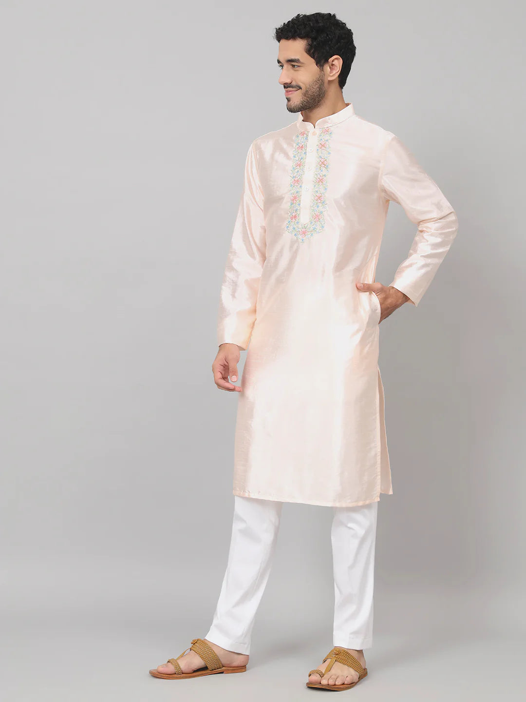 Oxlip Pastels neckline embroidered silk kurta