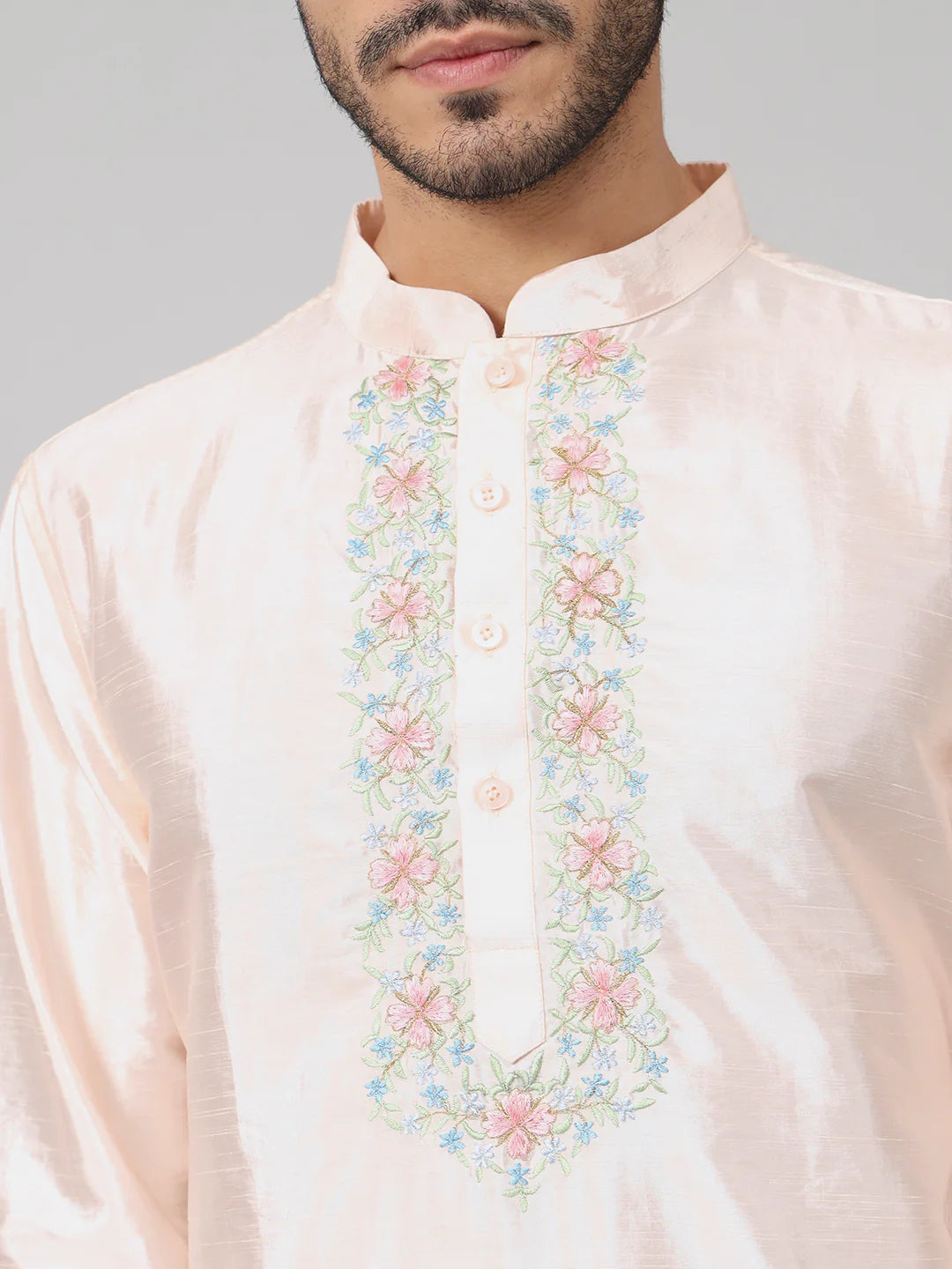 Oxlip Pastels neckline embroidered silk kurta