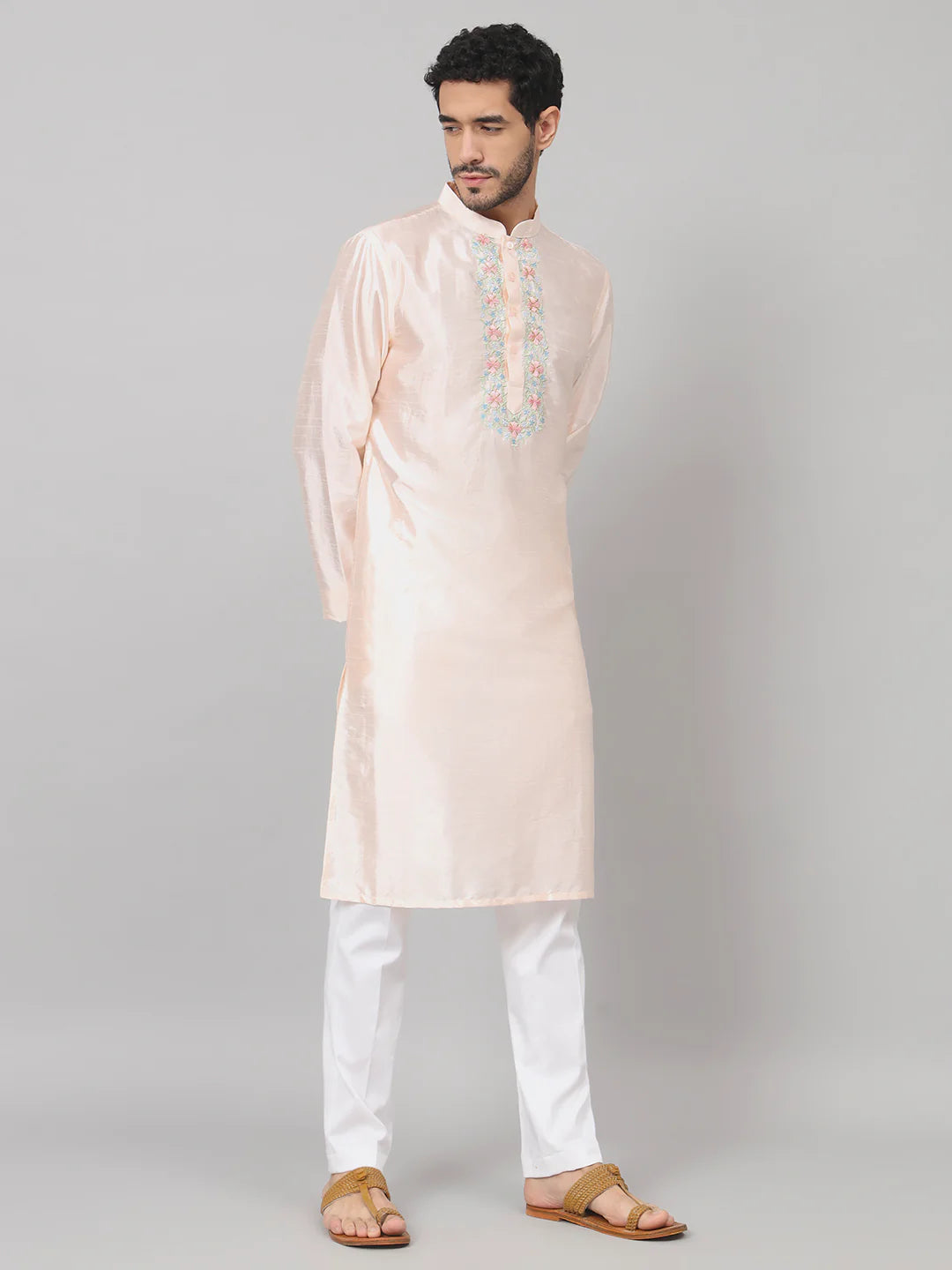 Oxlip Pastels neckline embroidered silk kurta