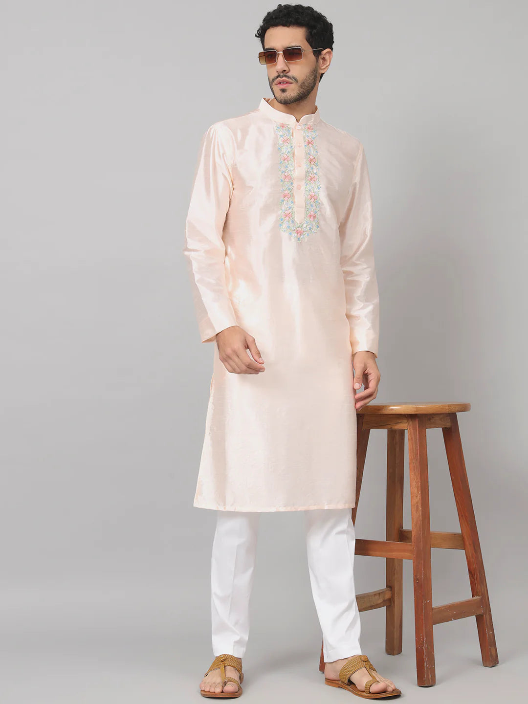 Oxlip Pastels neckline embroidered silk kurta