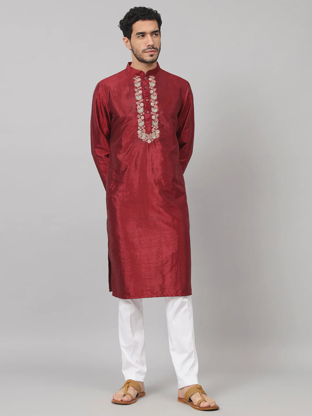 Claret Traditional neckline embroidered silk kurta