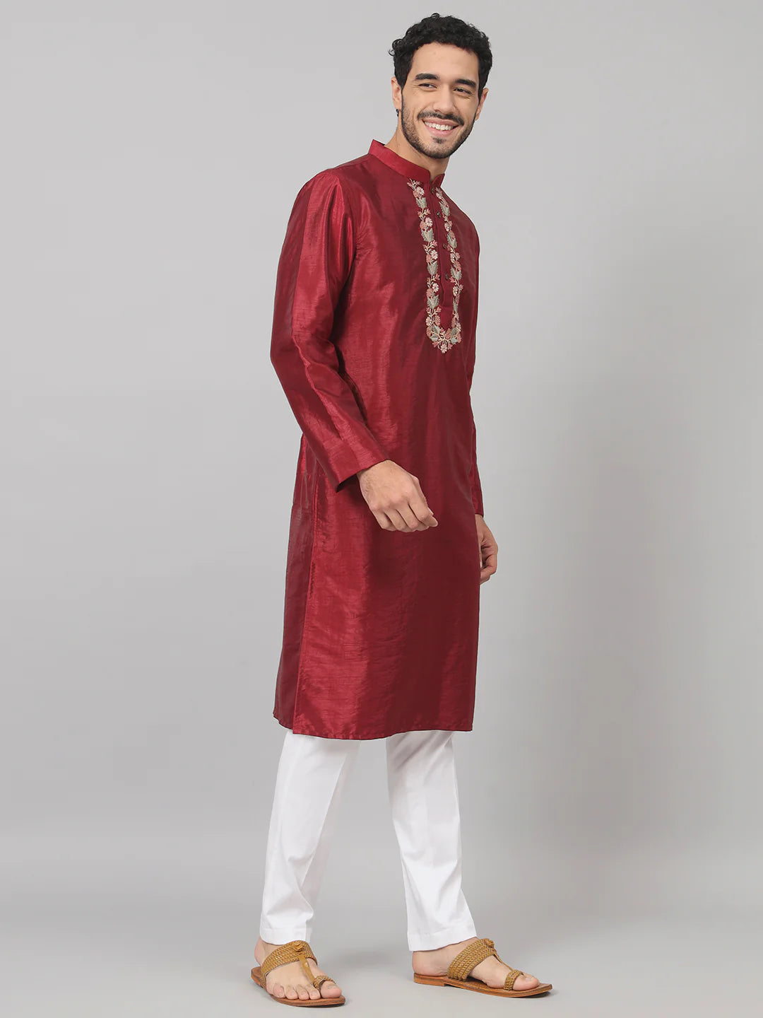 Claret Traditional neckline embroidered silk kurta