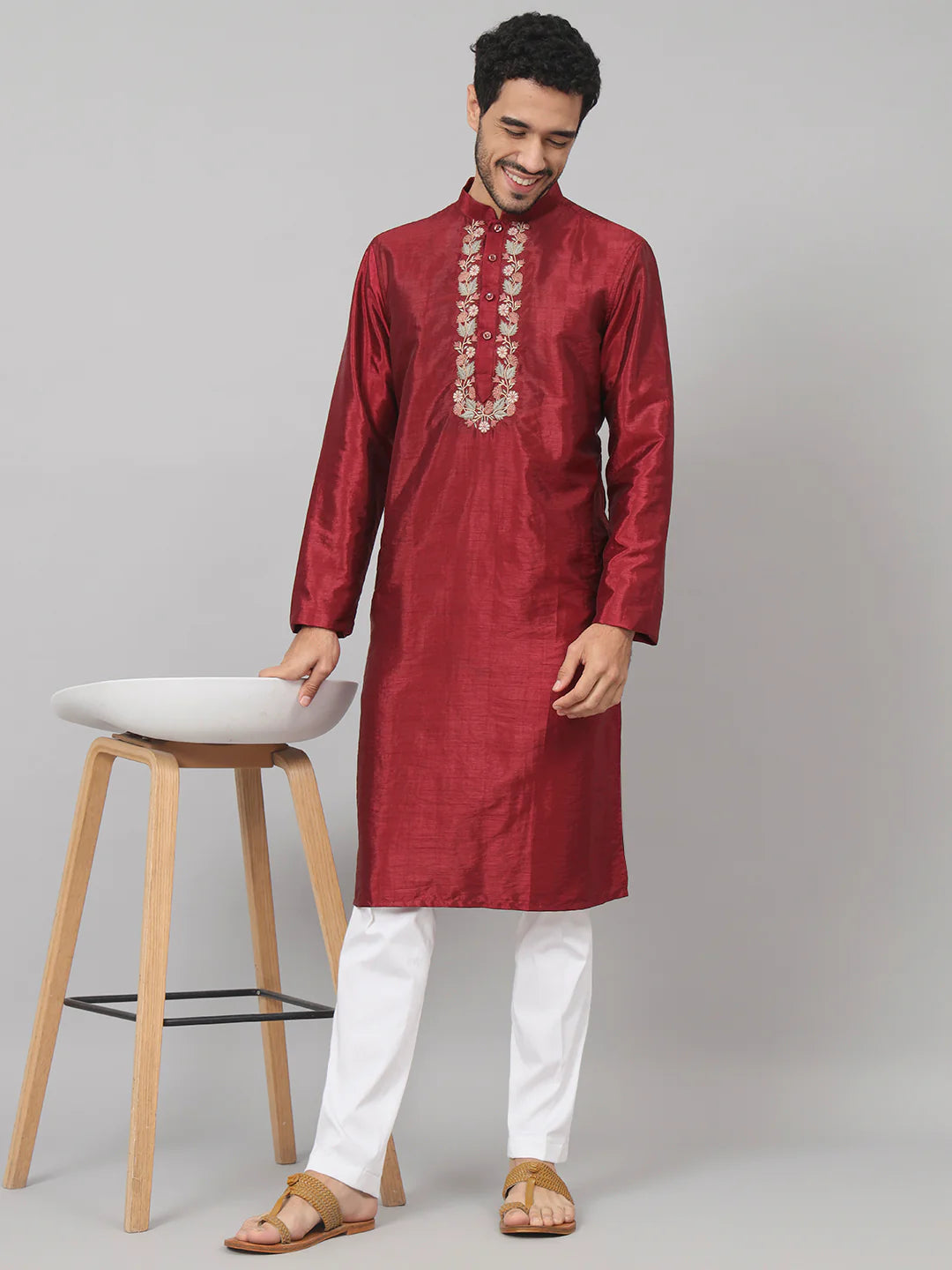 Claret Traditional neckline embroidered silk kurta
