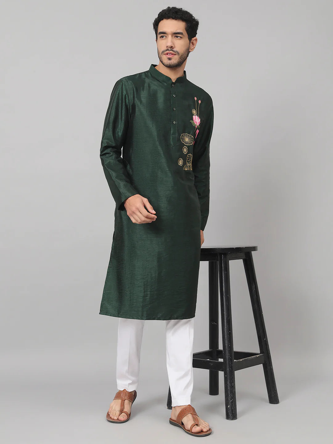 Varen Dark Fern embroidered silk kurta