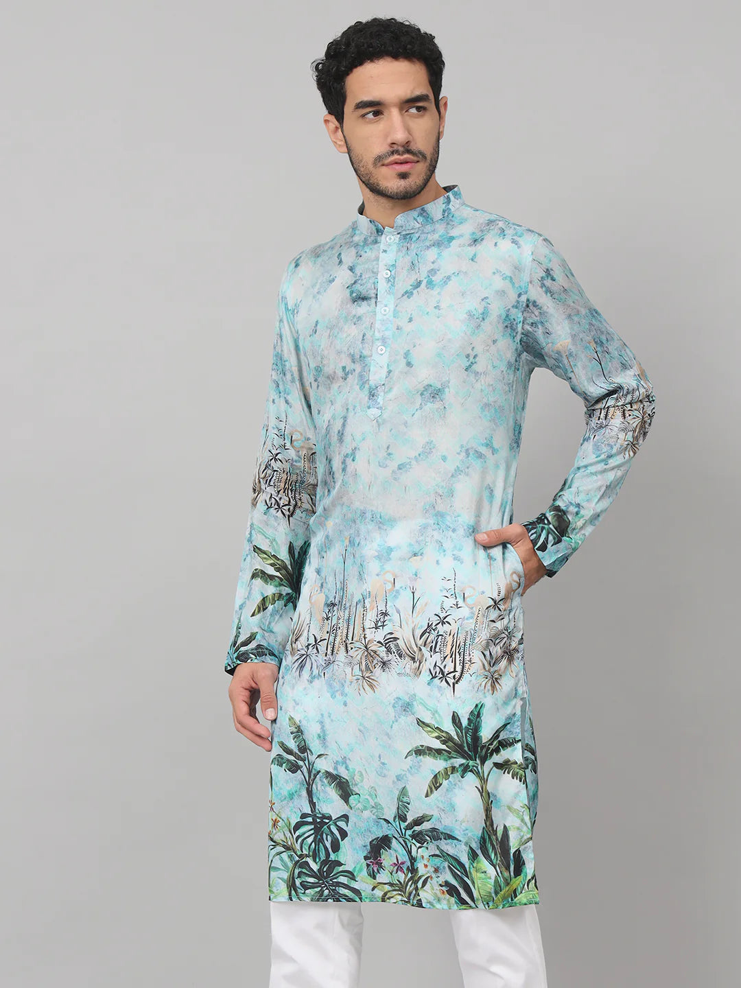 Sepia Palm Trees Print Silk Kurta