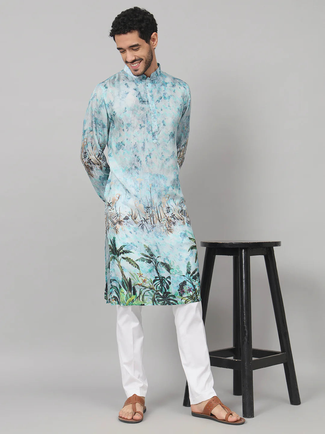Sepia Palm Trees Print Silk Kurta
