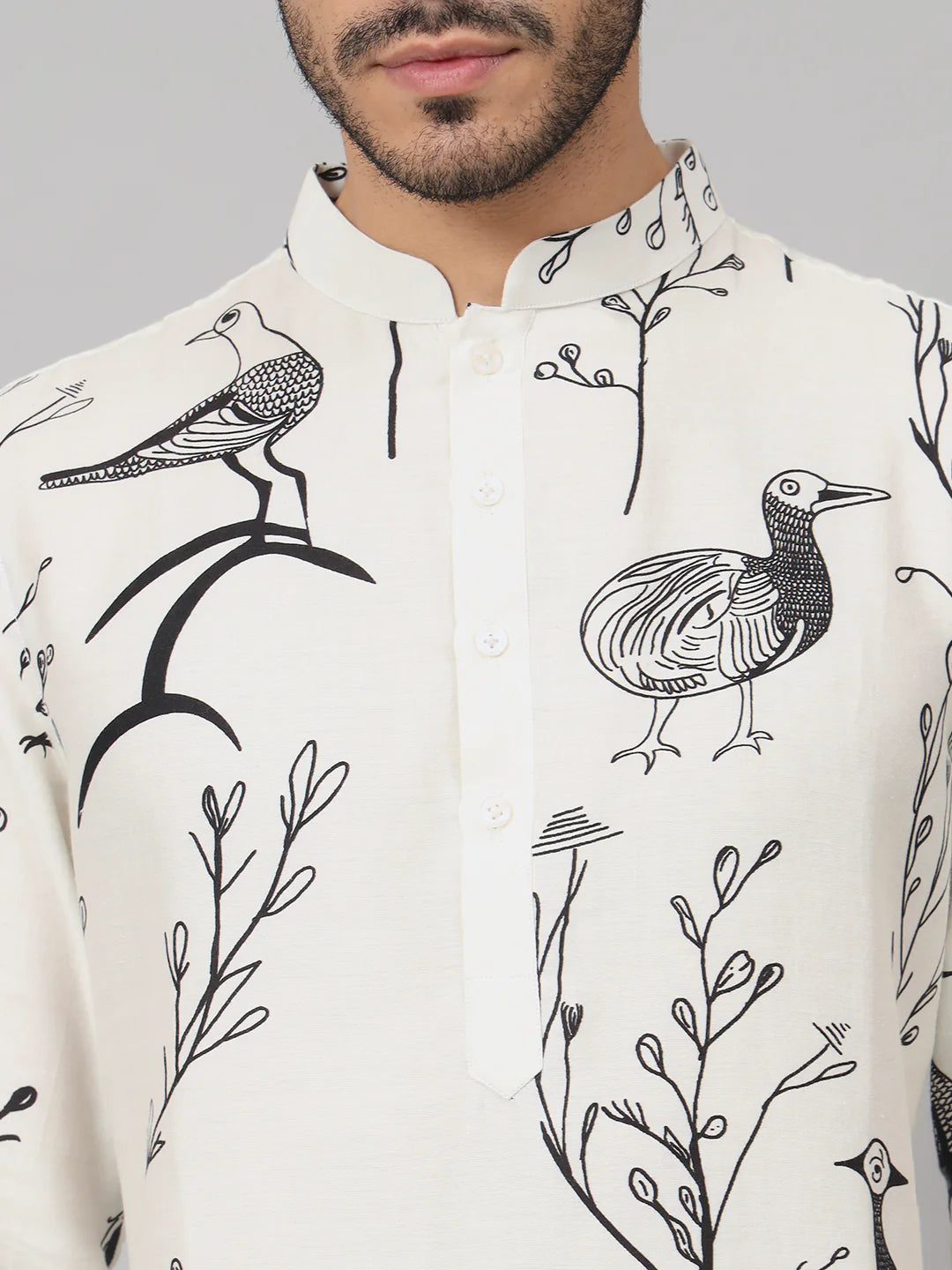 Feathered Birds Print Cotton Kurta