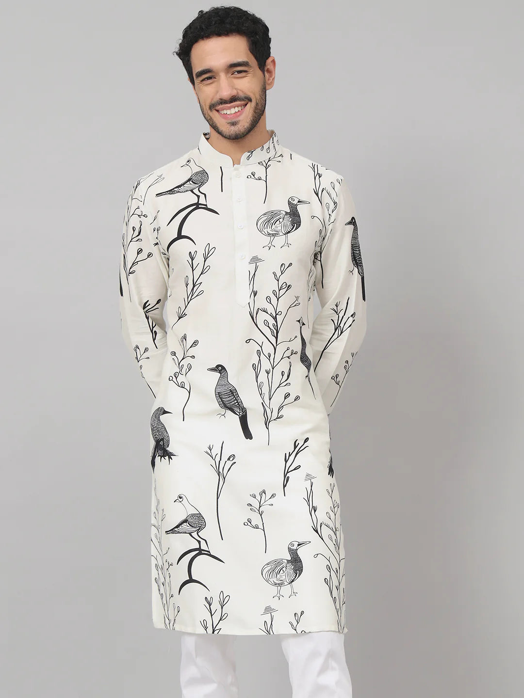 Feathered Birds Print Cotton Kurta
