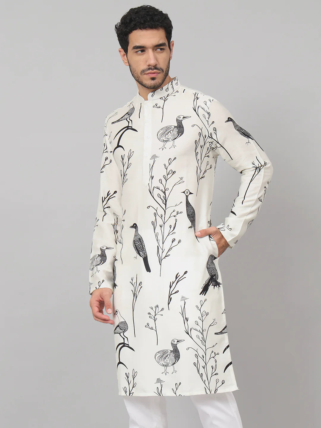 Feathered Birds Print Cotton Kurta