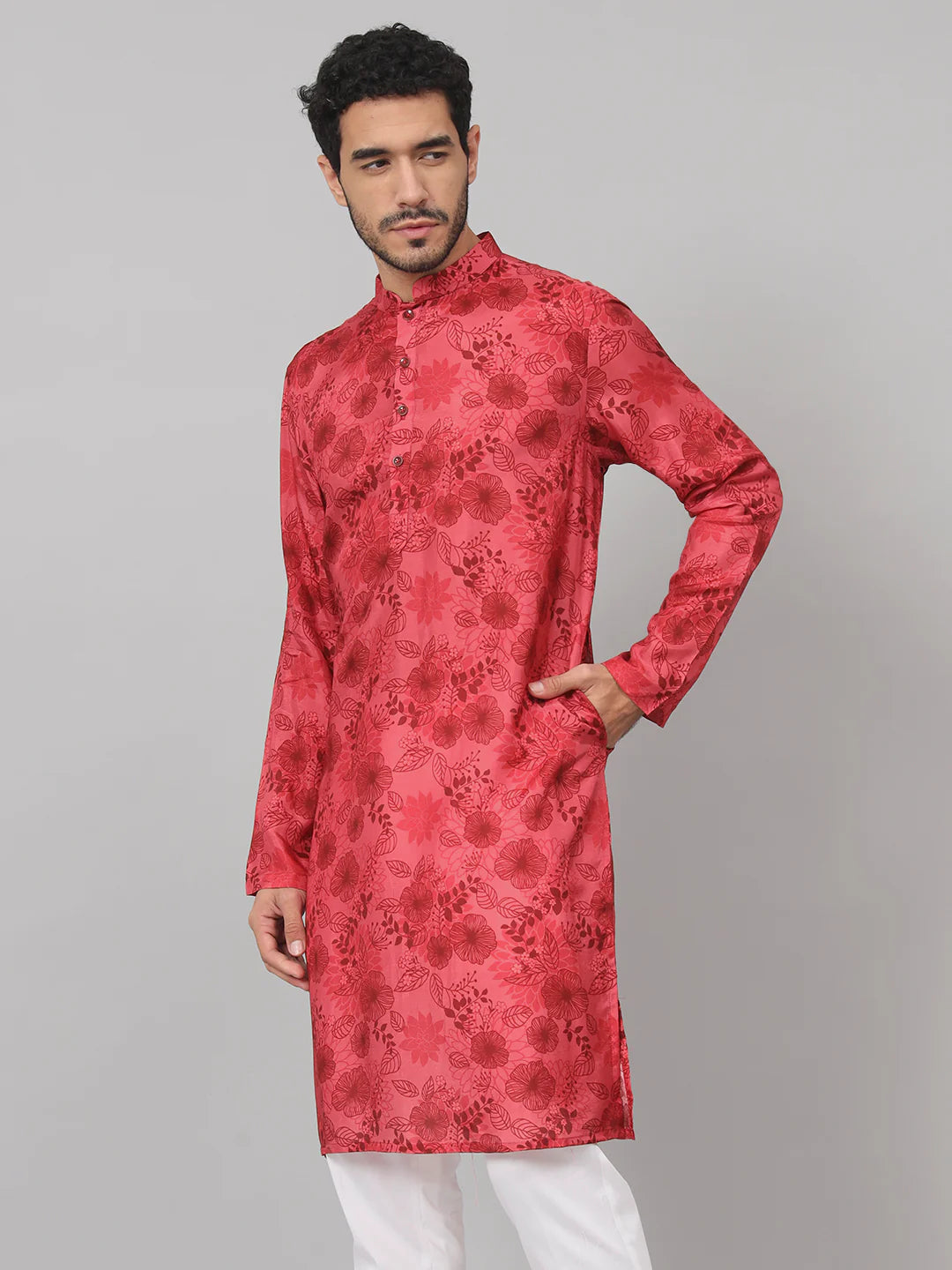 Blossomage Floral Print Silk Kurta