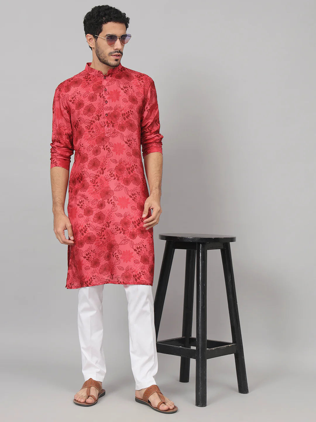 Blossomage Floral Print Silk Kurta