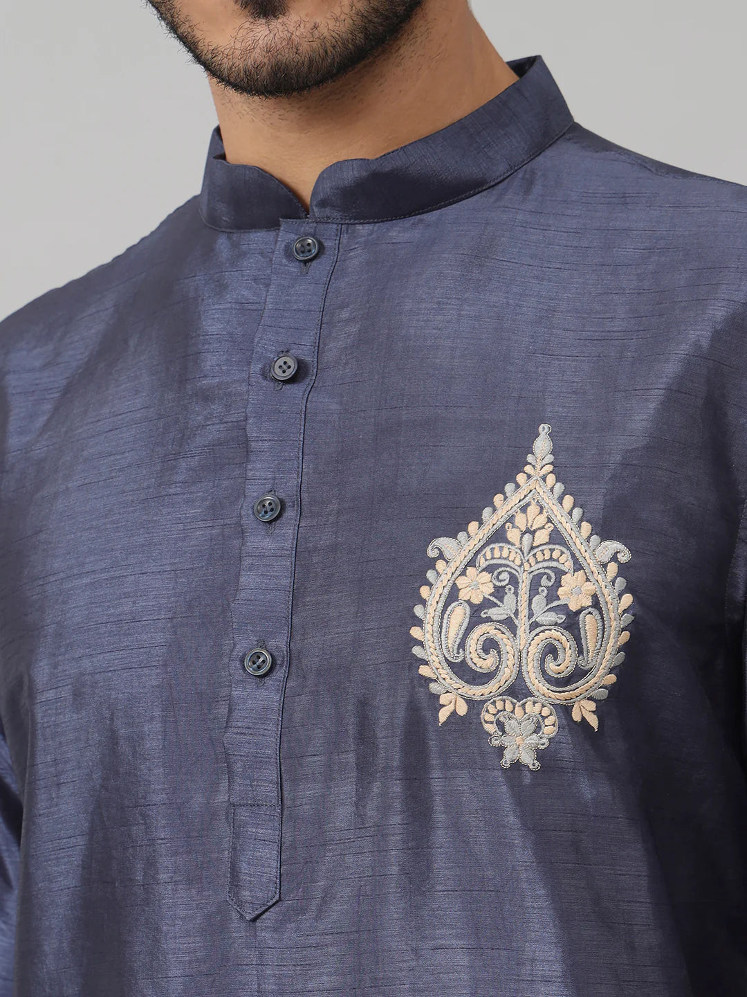 Cyan Classic silk kurta with motif embroidery