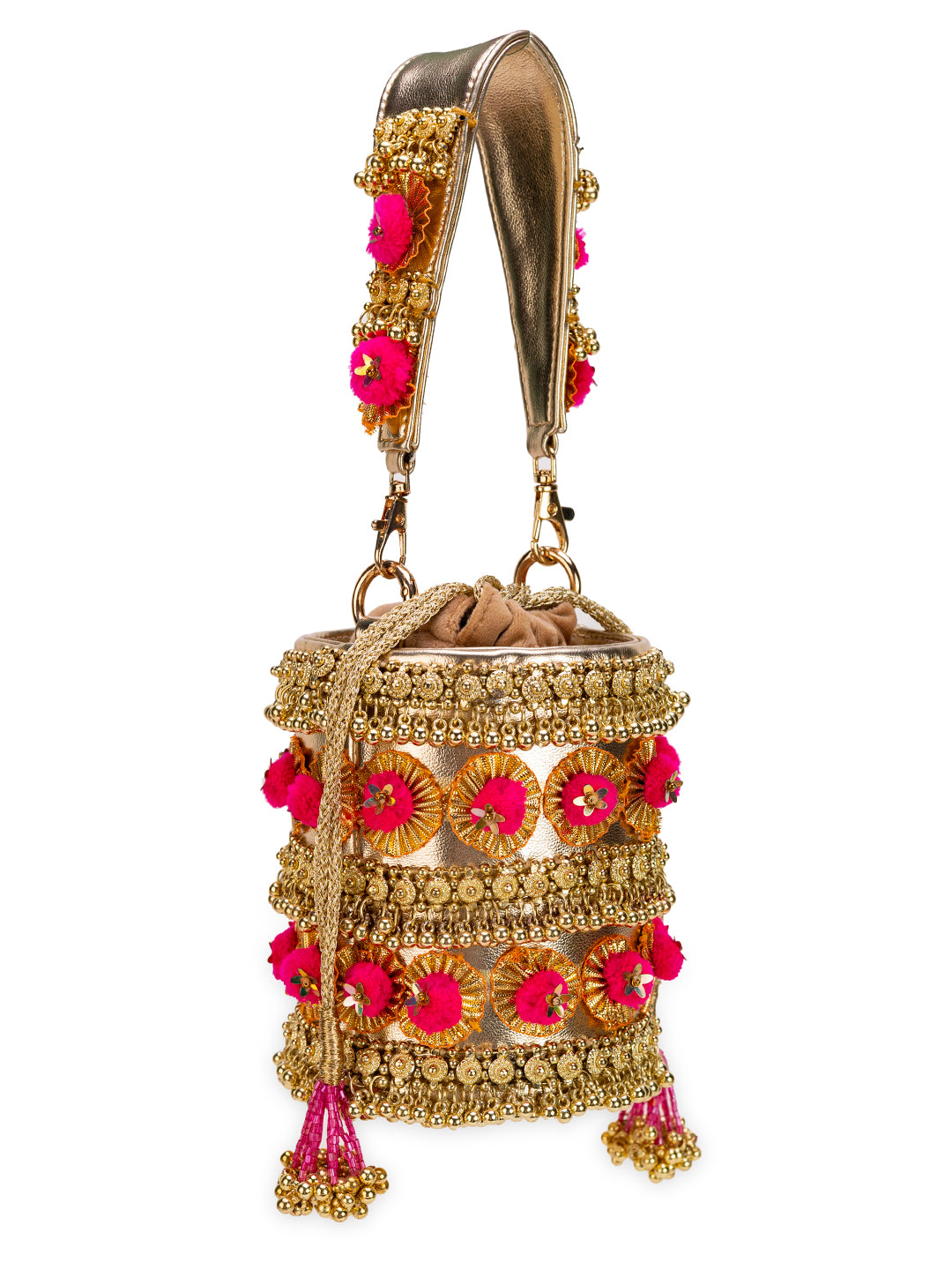 gold pompom handbag
