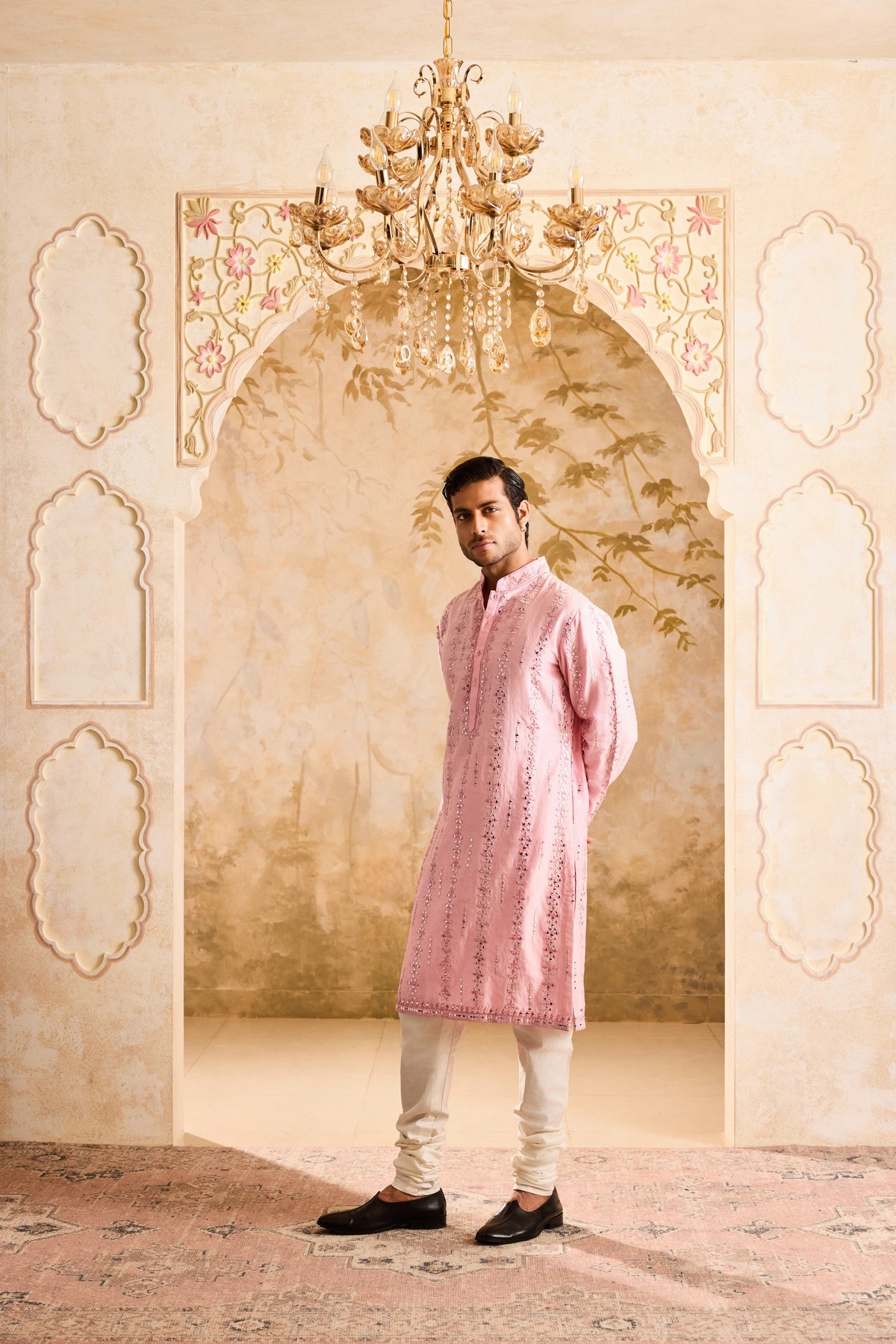 EMBROIDERED PINK MIRRORWORK KURTA WITH CHURIDAR