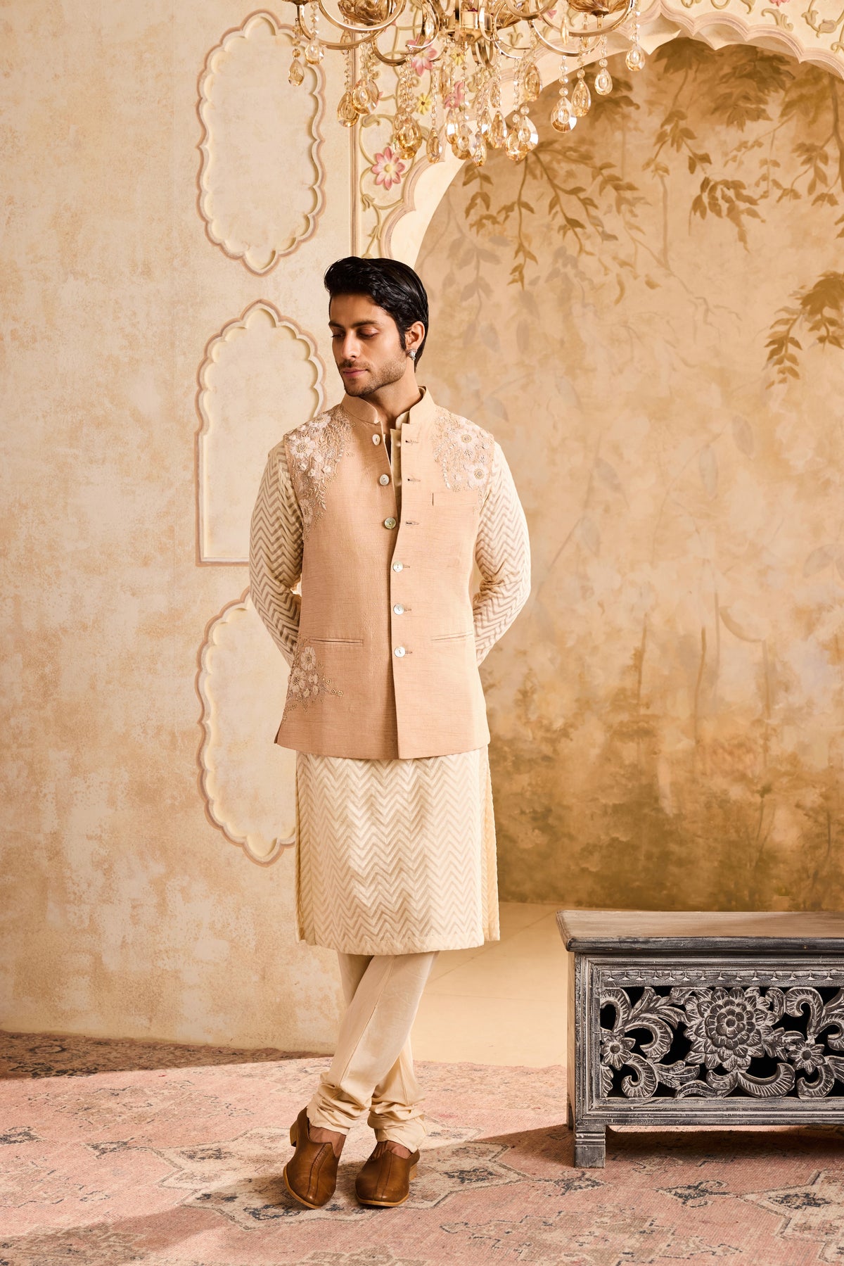 BEIGE 3-D EMBROIDERED FLORAL WORK BUNDI WITH BEIGE KURTA CHURIDAR