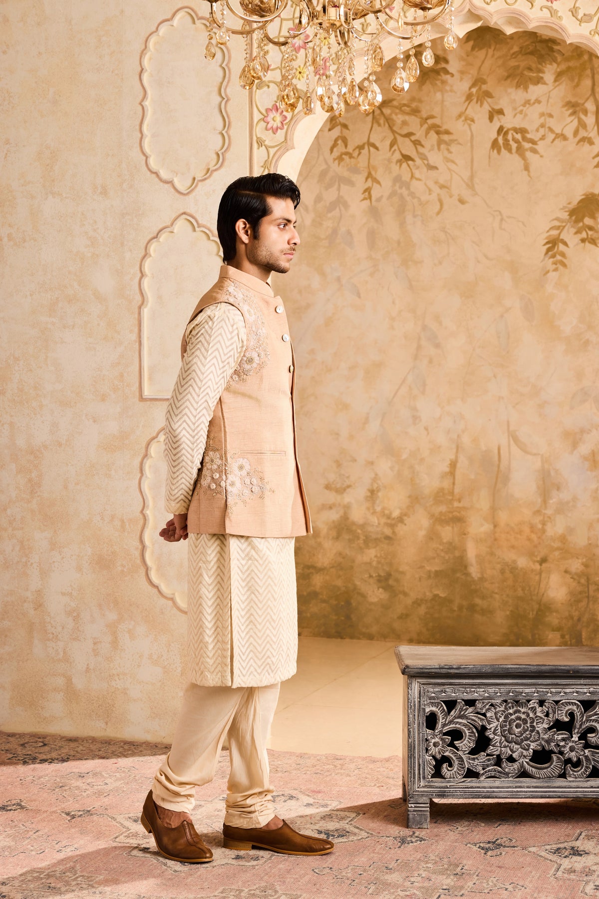 BEIGE 3-D EMBROIDERED FLORAL WORK BUNDI WITH BEIGE KURTA CHURIDAR