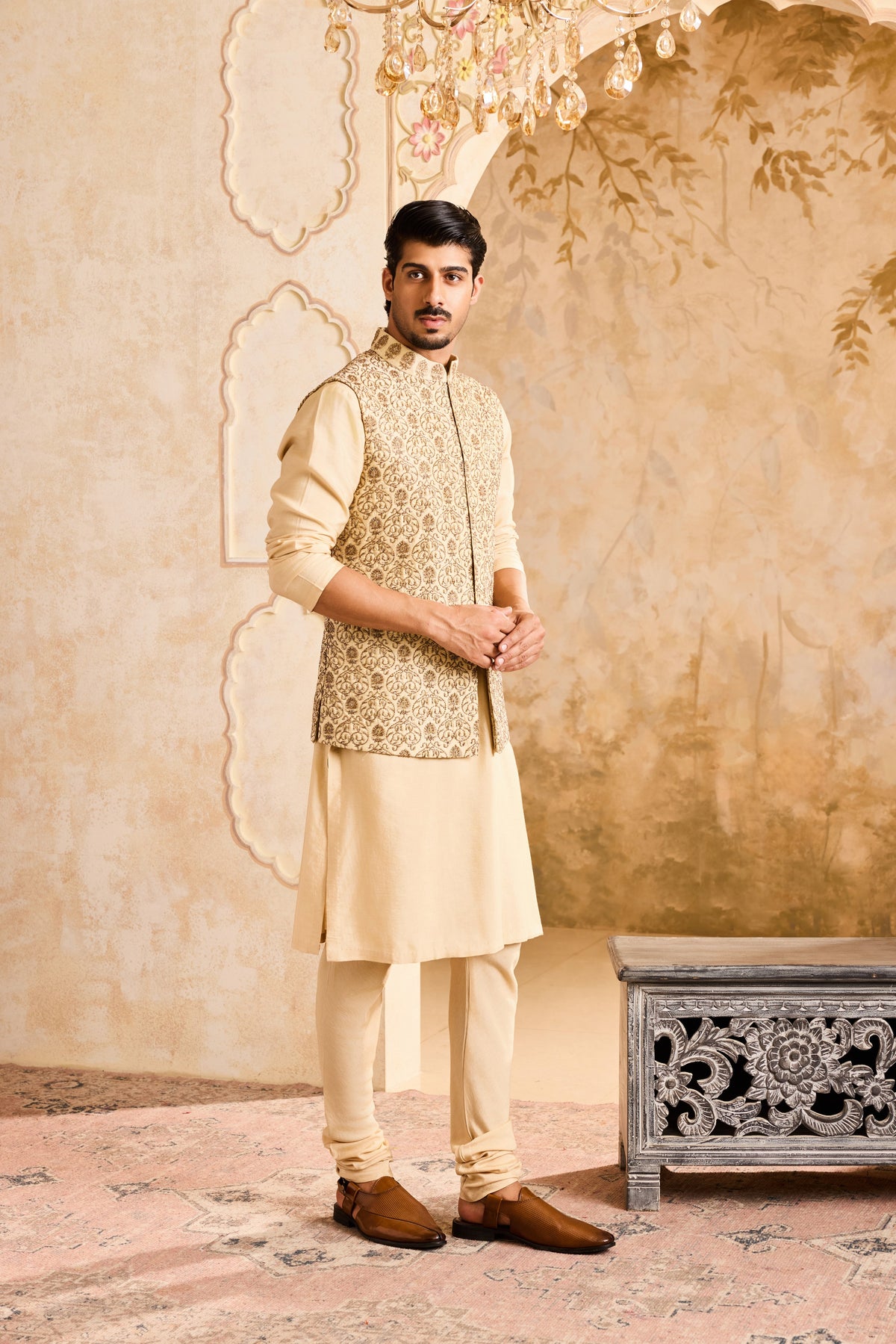 EMBROIDERED BEIGE BUNDI JACKET WITH KURTA AND CHURIDAR