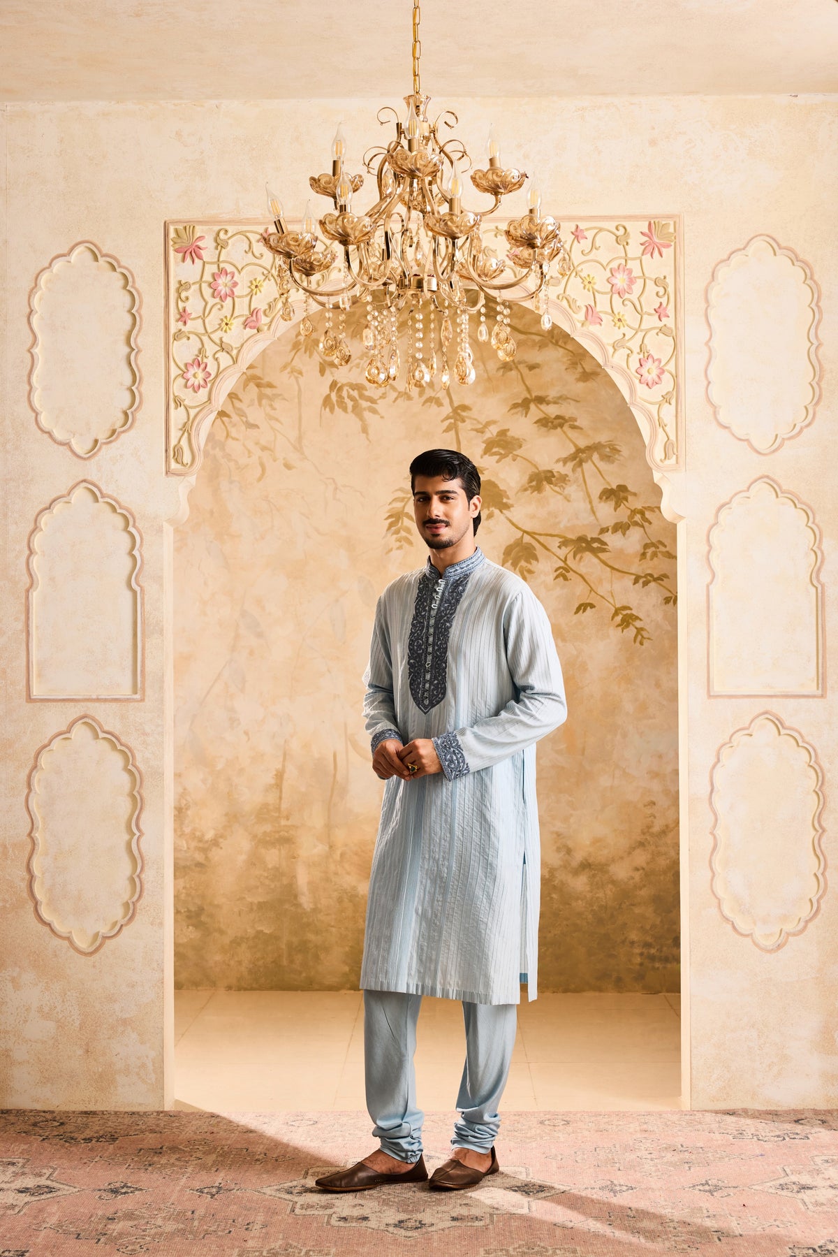 EMBROIDERED LIGHT BLUE PINTUCKED KURTA WITH CHURIDAR
