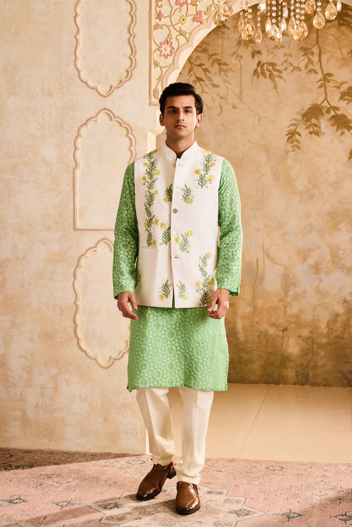 IVORY 3-D EMBROIDERED FLORAL WORK BUNDI WITH JADE KURTA CHURIDAR