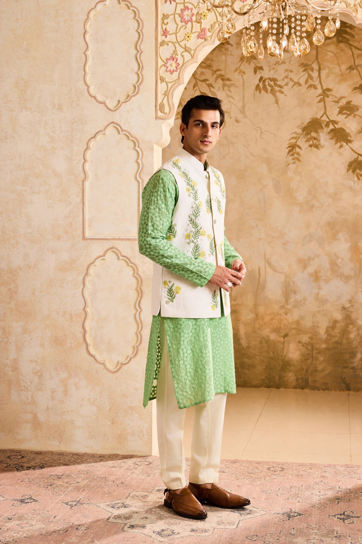 IVORY 3-D EMBROIDERED FLORAL WORK BUNDI WITH JADE KURTA CHURIDAR