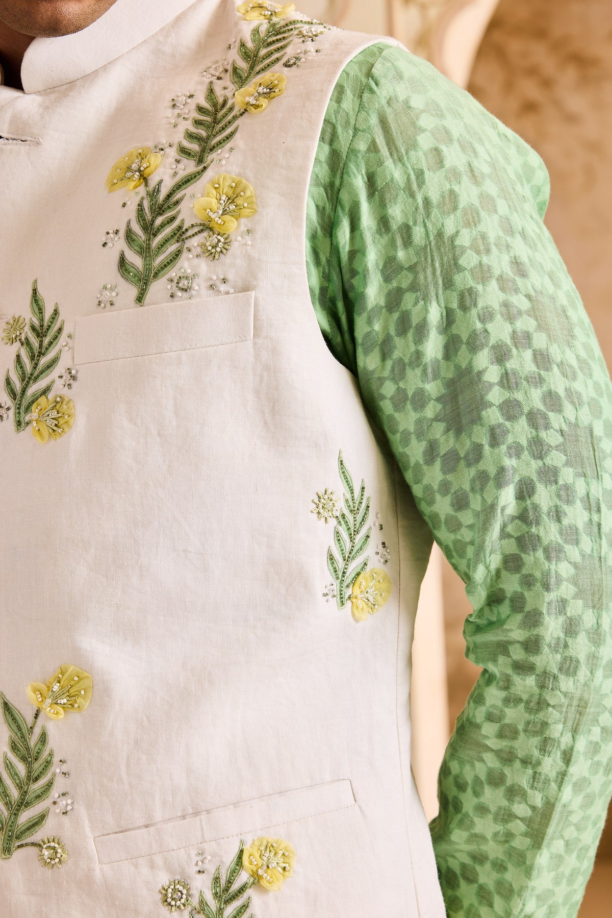 IVORY 3-D EMBROIDERED FLORAL WORK BUNDI WITH JADE KURTA CHURIDAR