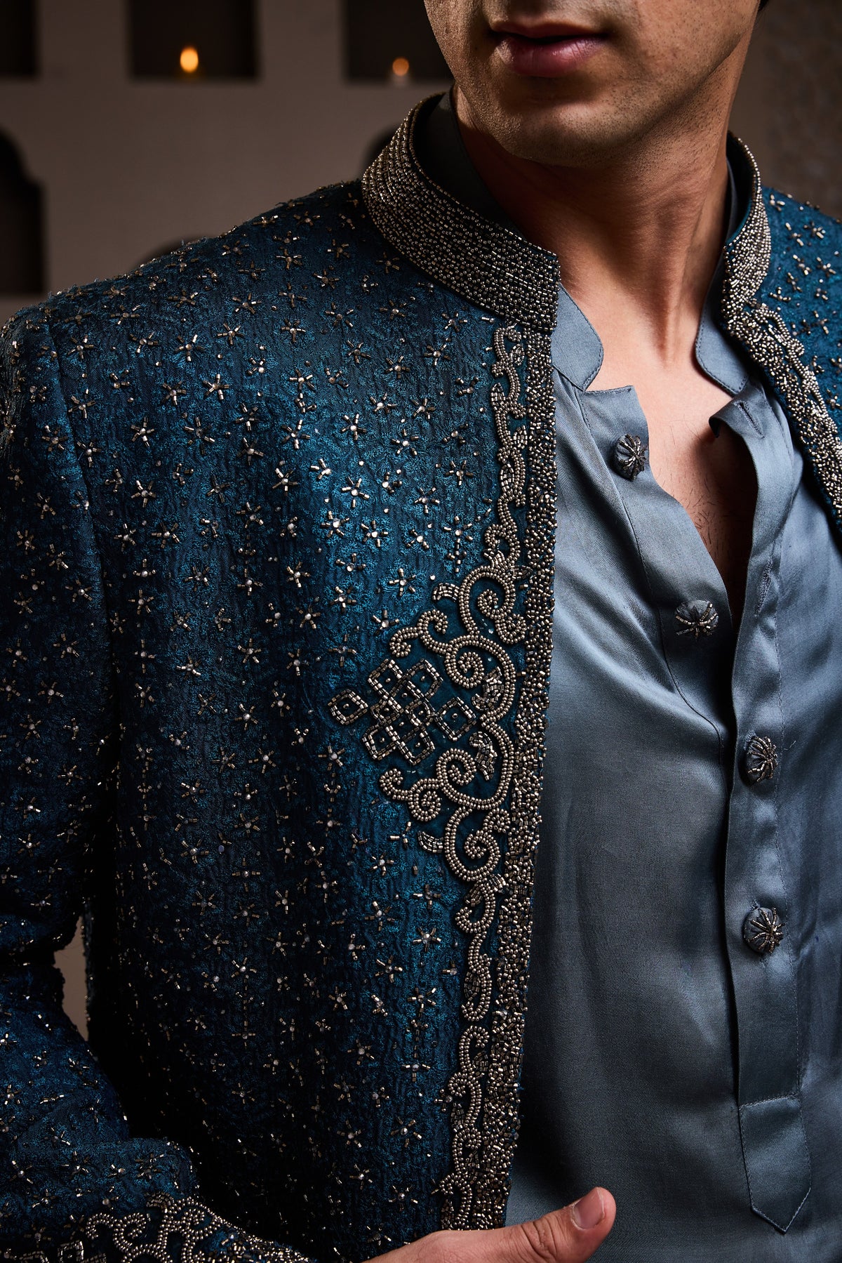 TEAL SHORT EMBROIDERED JACKET WITH KURTA AND PATIALA SALWAR