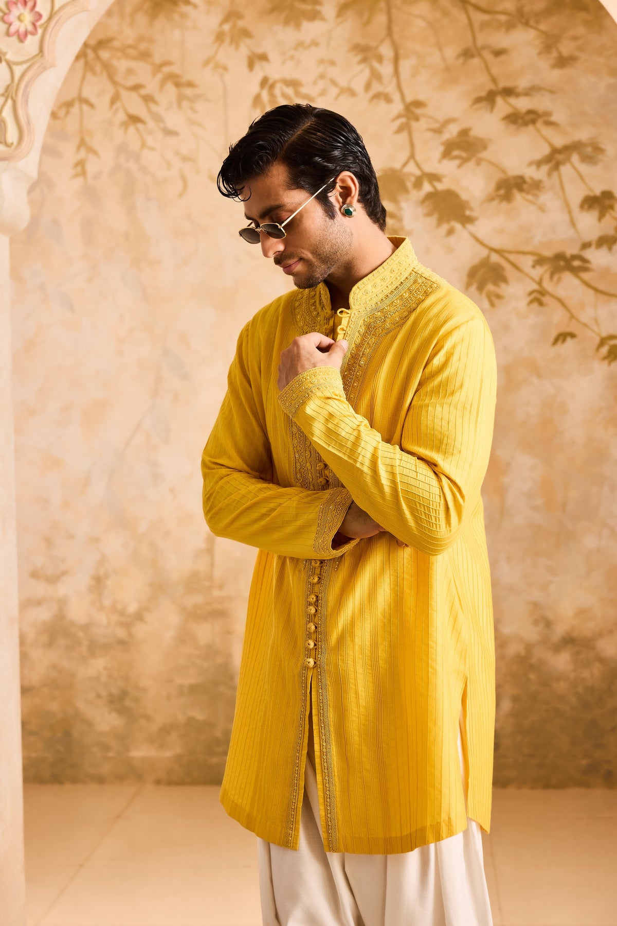 EMBROIDERED MUSTARD PINTUCKED KURTA WITH SALWAR