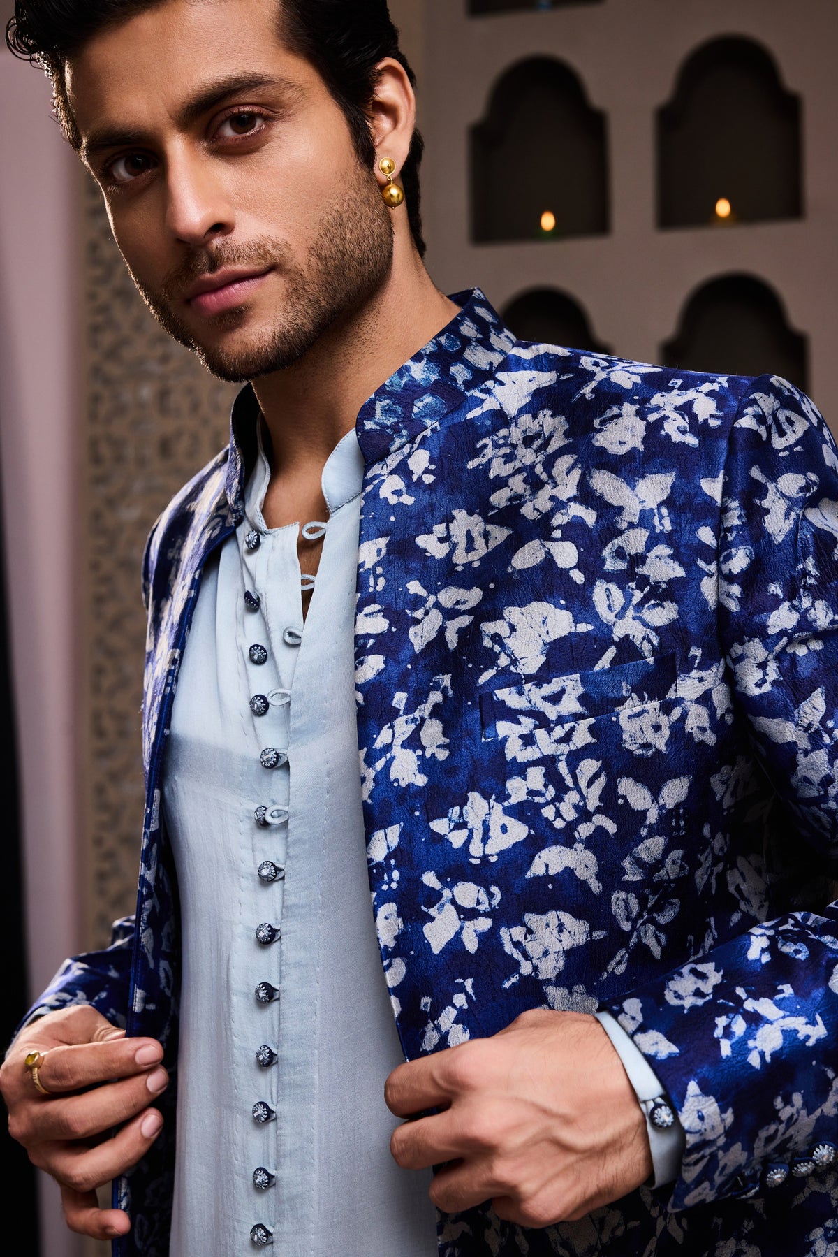INDIGO PRINTED LONG JACKET WITH KURTA DHOTI