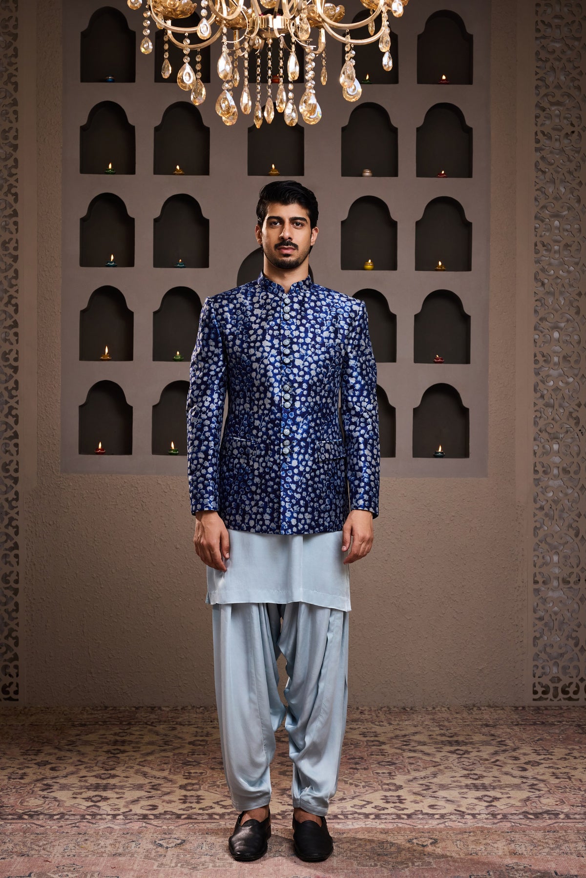 INDIGO PRINTED SHORT JACKET KURTA PATIALA SALWAR