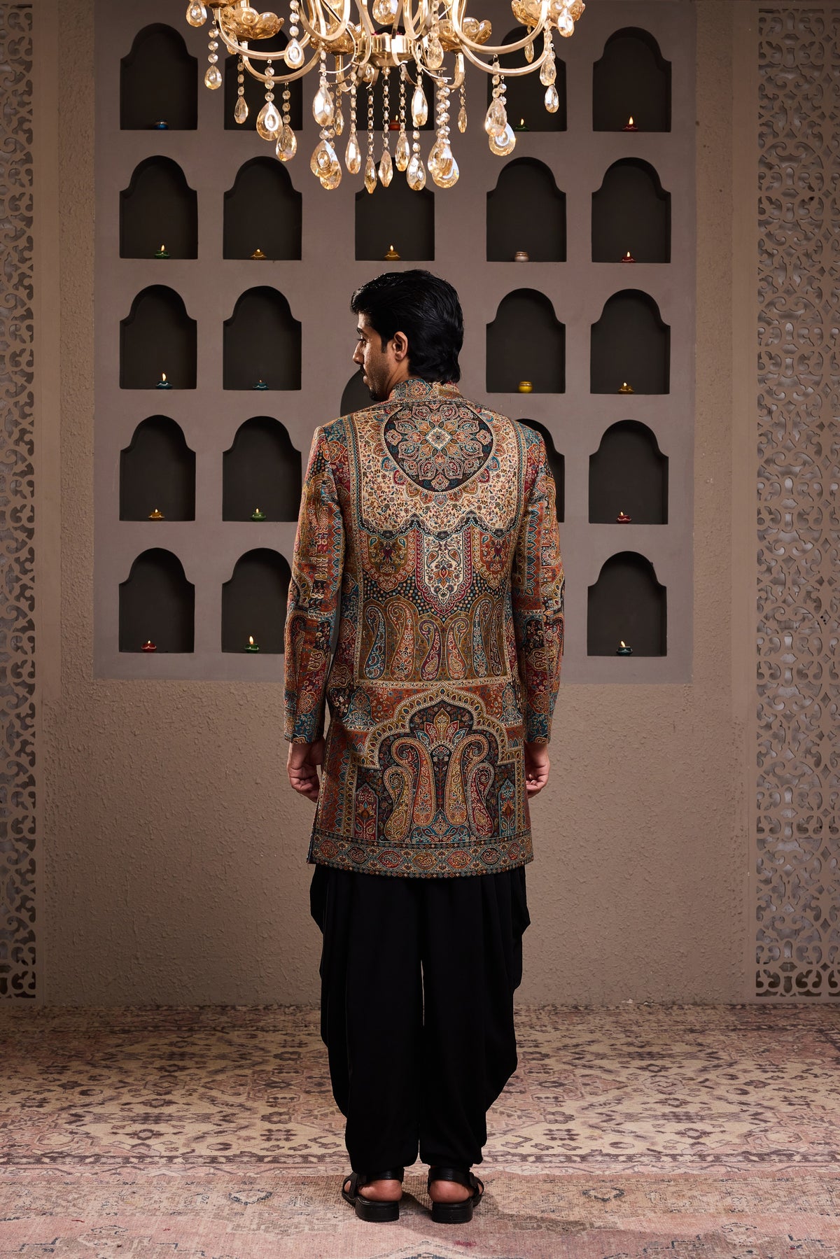 JAMAWAR PATTERNED SHORT ACHKAN PAIRED WITH A BLACK COTTON SILK KURTA AND SALWAR