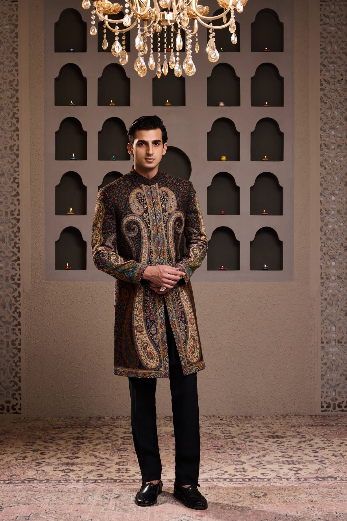 JAMAWAR PATTERNED SHORT ACHKAN PAIRED WITH A BLACK COTTON SILK KURTA AND PANT