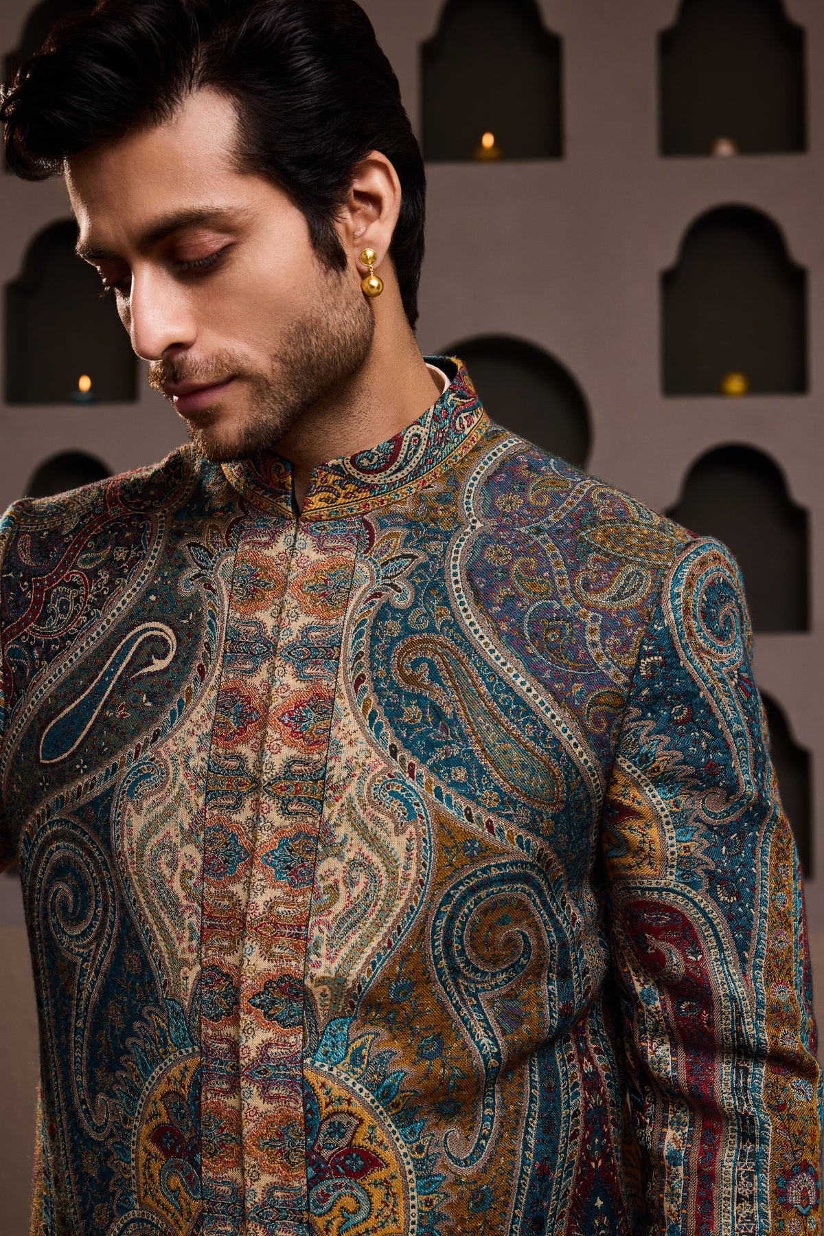 JAMAWAR PATTERNED SHORT ACHKAN PAIRED WITH A BEIGE COTTON SILK KURTA AND PANT