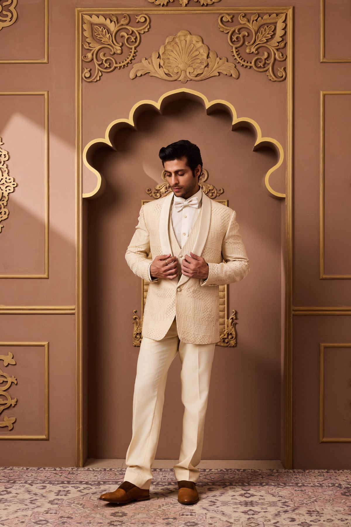 BEIGE EMBROIDERED TUXEDO WITH VEST AND PANT