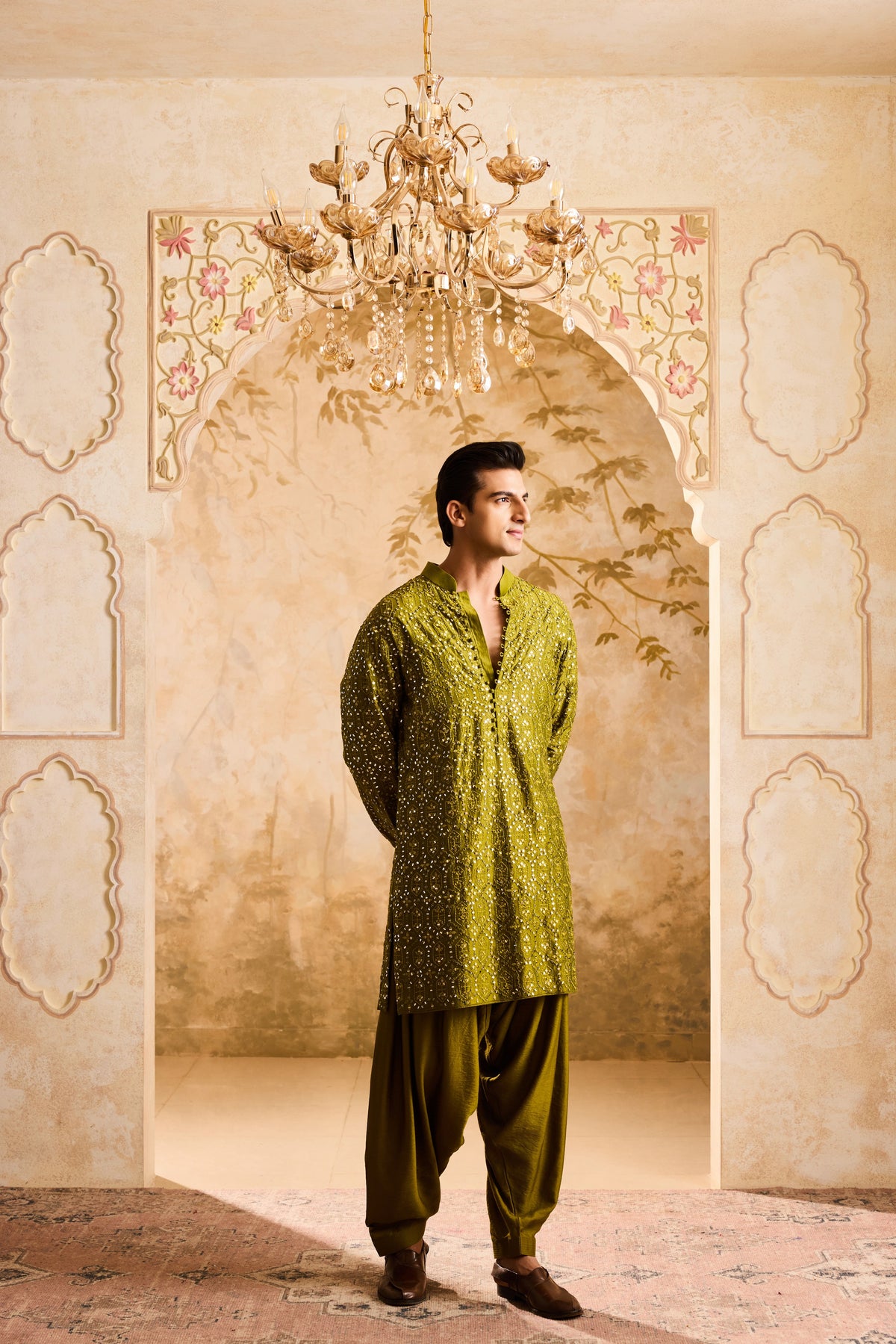 EMBROIDERED MEHENDI GREEN MIRRORWORK KURTA WITH SALWAR