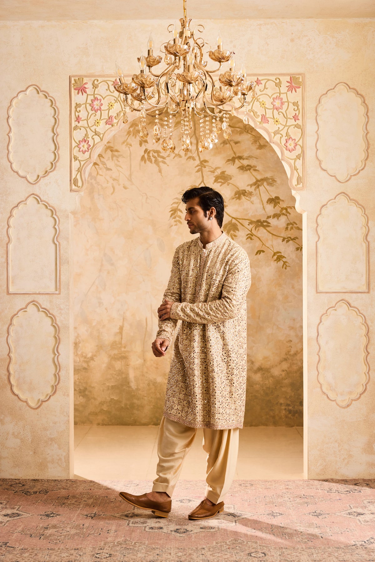 EMBROIDERED BEIGE MIRRORWORK KURTA WITH SALWAR