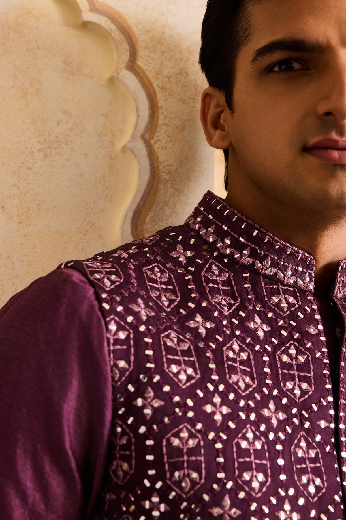 EMBROIDERED WINE MIRRORWORK BUNDI JACKET WITH KURTA AND PANT