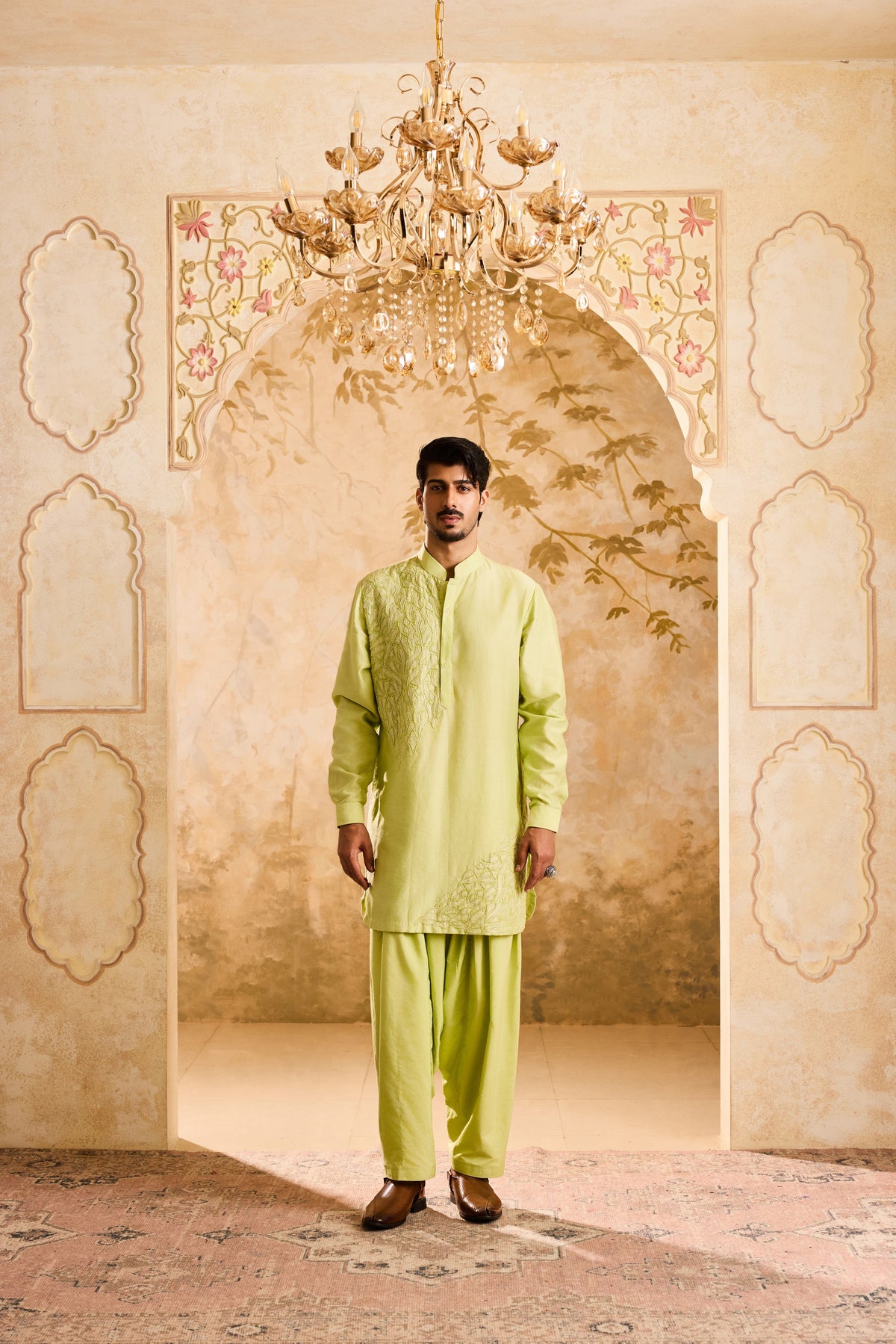 EMBROIDERED LIME GREEN APPLIQUE WORK KURTA SALWAR