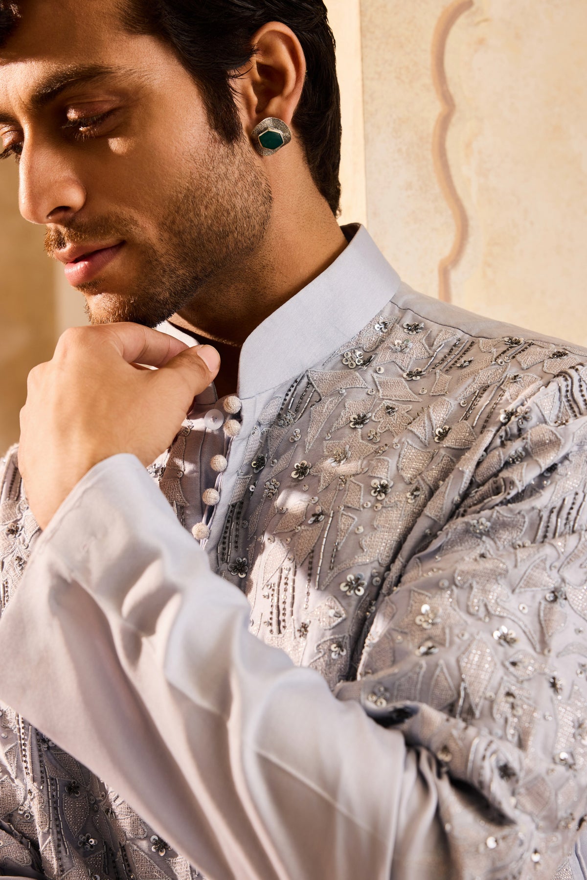EMBROIDERED POWDER BLUE APPLIQUE WORK WITH TROUSER