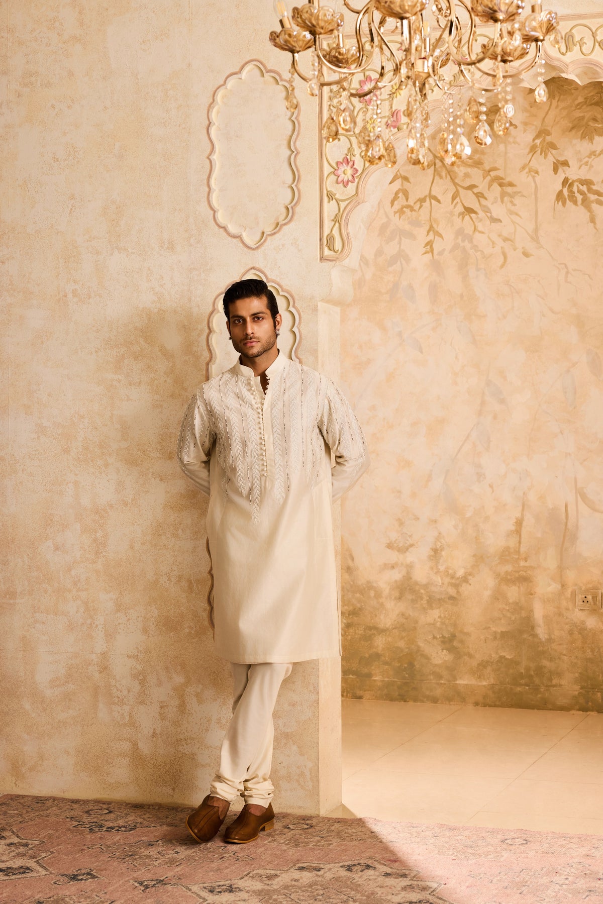 EMBROIDERED IVORY APPLIQUE WORK KURTA CHURIDAR
