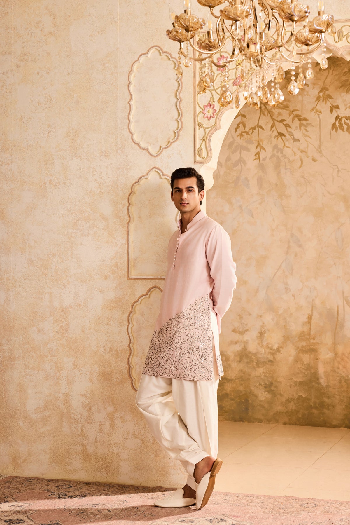 EMBROIDERED PINK APPLIQUE WORK KURTA WITH SALWAR