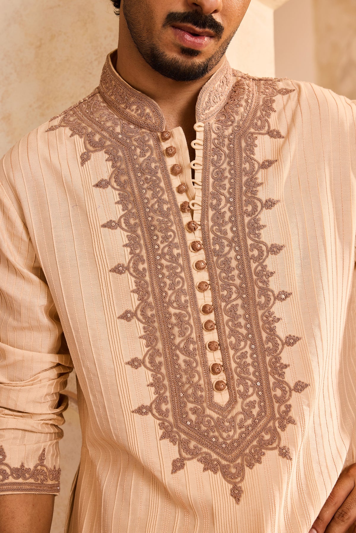 EMBROIDERED BEIGE PINTUCKED KURTA WITH CHURIDAR