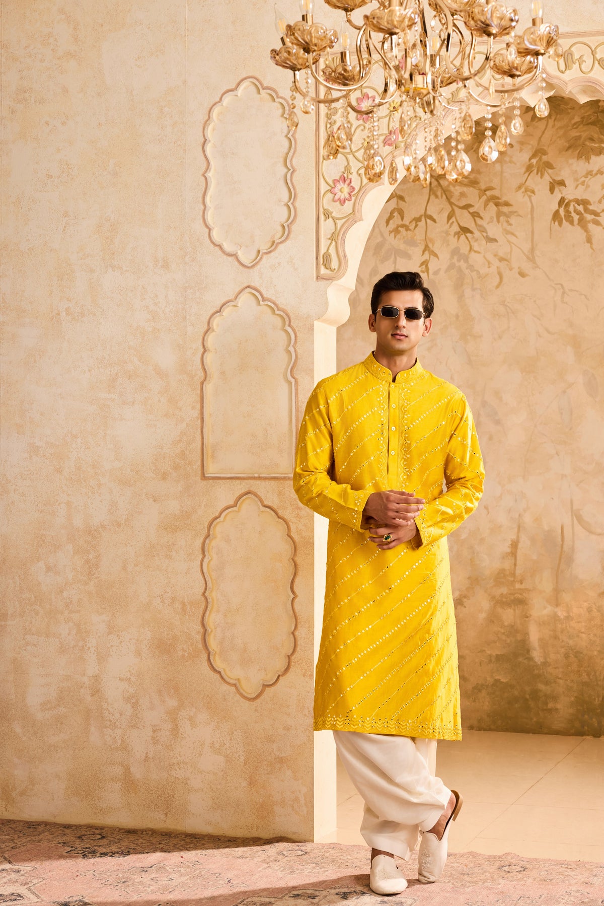 EMBROIDERED YELLOW MIRRORWORK KURTA WITH SALWAR